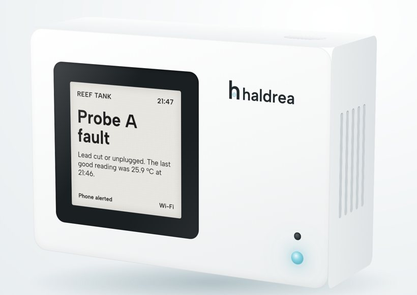 The screen reads: Reef tank, Probe A fault, lead cut or unplugged